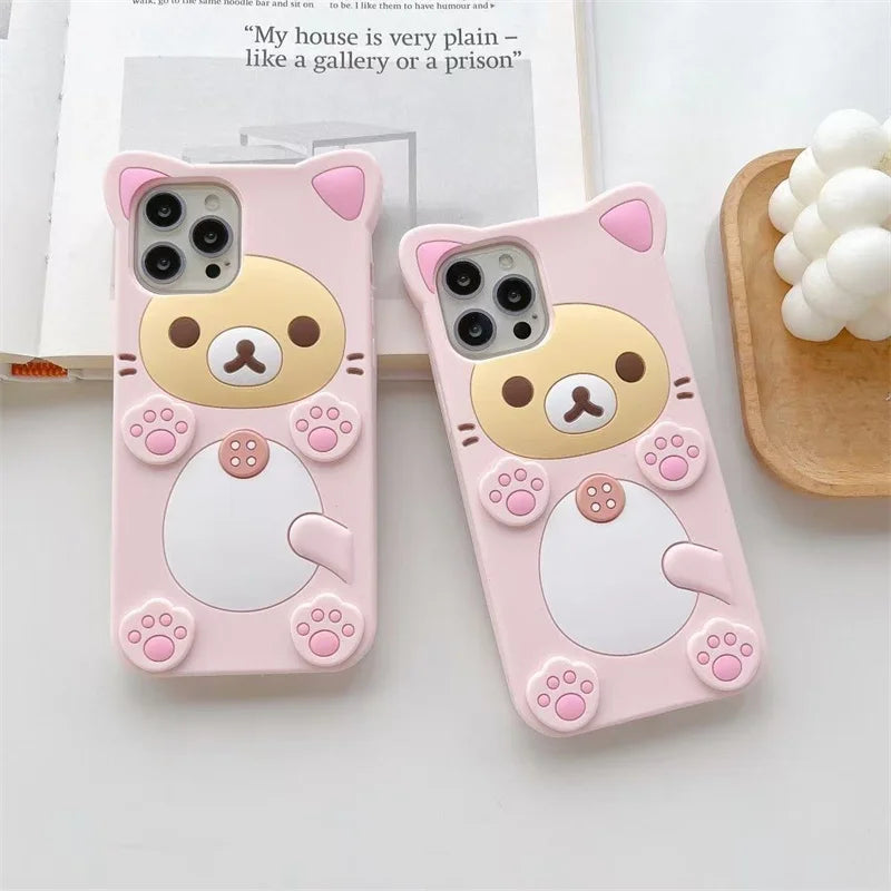 Cute Rilakkuma Bear Kitty Cat Paw Silicone Phone Case For iPhone 17 16 15 Pro Max 14 13 12 11 X Xs XR 7 8 Plus 6s 5s SE Cover