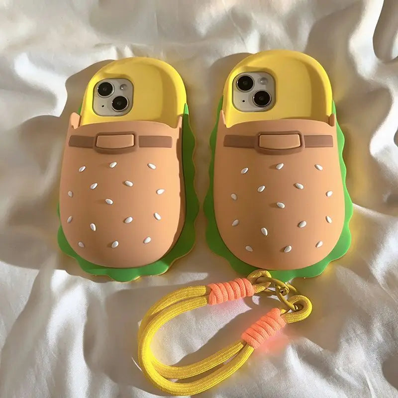 New INS Creative Funny Hamburger Slippers Shape Soft Phone Case For iPhone 16 15 14 13 Pro Max Protective Cover With Lanyard