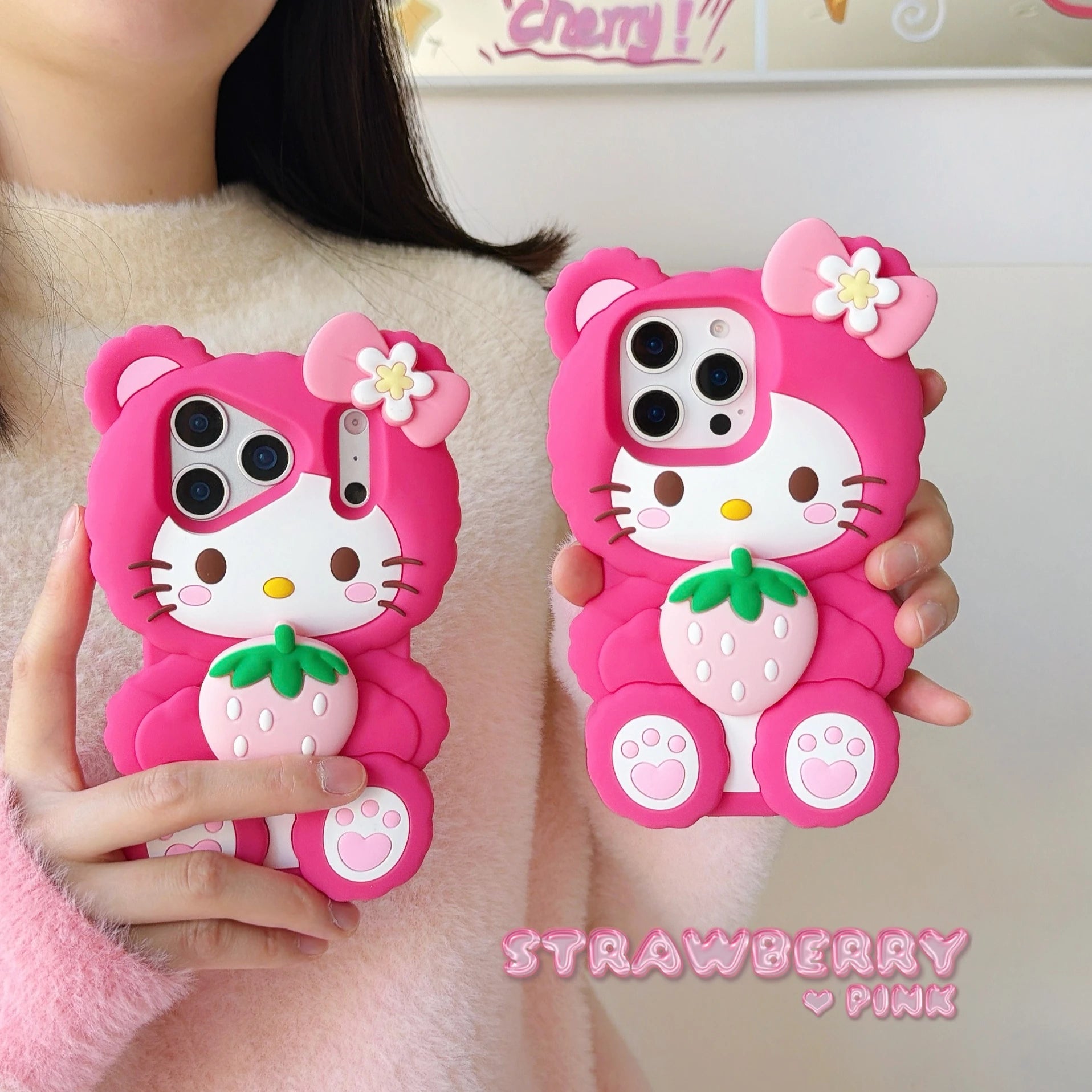 Lovely Strawberry Hello Kitty Leg Bracket Phone Case For iPhone 17 16 15 14 13 12 Pro Max Plus 17Pro Shockproof 3D Cartoon Cover