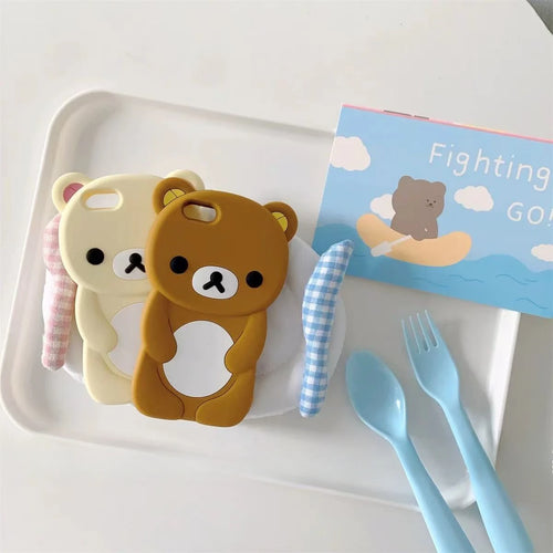 3D Cartoon Rilakkuma Bear Phone Case For iPhone 16 15 14 Plus 13 12 Pro Max 11 X Xs Max 7 8 SE 6s 5s Soft Silicone Cover