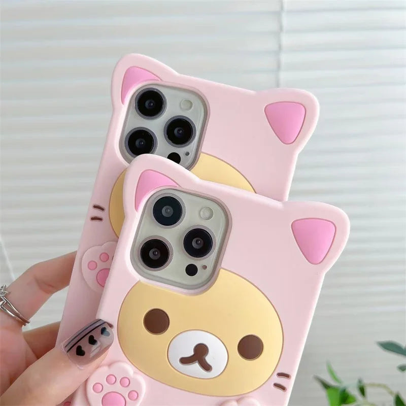 Cute Rilakkuma Bear Kitty Cat Paw Silicone Phone Case For iPhone 17 16 15 Pro Max 14 13 12 11 X Xs XR 7 8 Plus 6s 5s SE Cover
