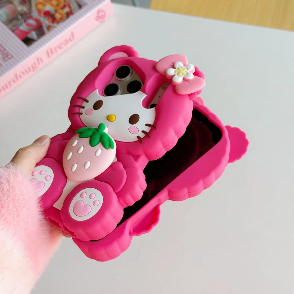 Lovely Strawberry Hello Kitty Leg Bracket Phone Case For iPhone 17 16 15 14 13 12 Pro Max Plus 17Pro Shockproof 3D Cartoon Cover