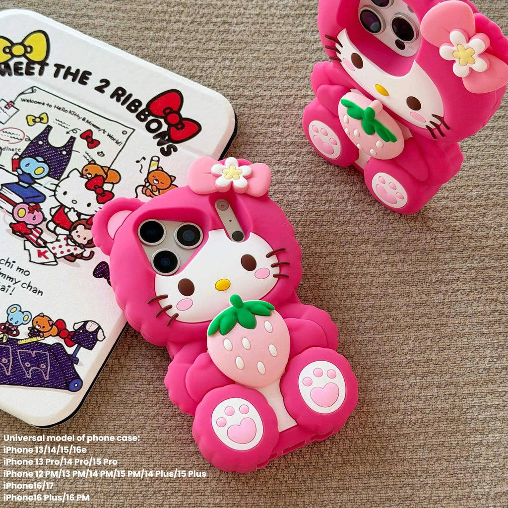 Lovely Strawberry Hello Kitty Leg Bracket Phone Case For iPhone 17 16 15 14 13 12 Pro Max Plus 17Pro Shockproof 3D Cartoon Cover