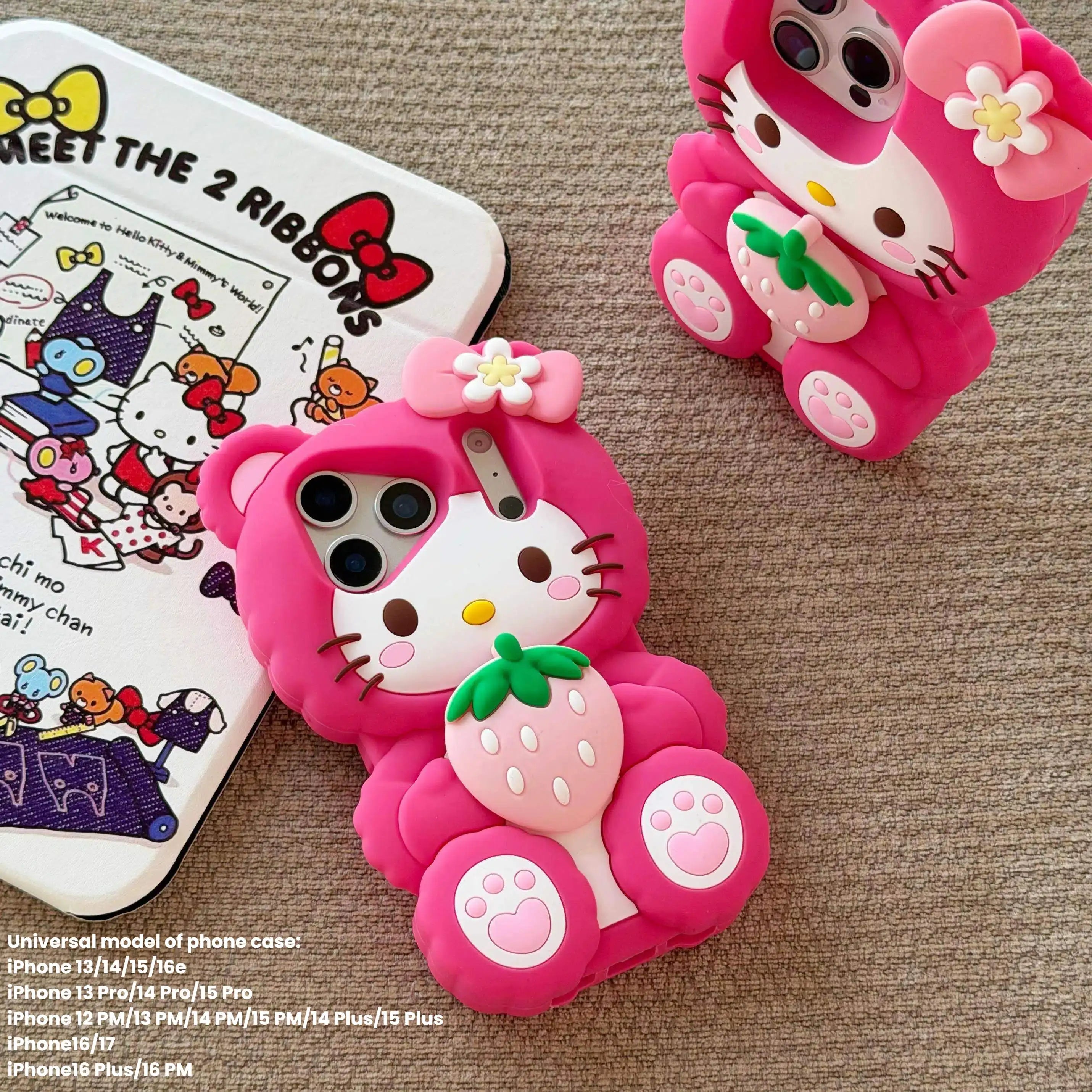 Lovely Strawberry Hello Kitty Leg Bracket Phone Case For iPhone 17 16 15 14 13 12 Pro Max Plus 17Pro Shockproof 3D Cartoon Cover