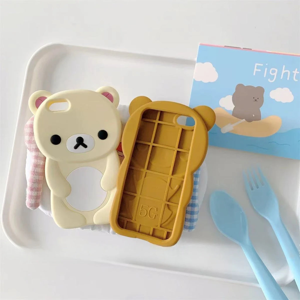 3D Cartoon Rilakkuma Bear Phone Case For iPhone 16 15 14 Plus 13 12 Pro Max 11 X Xs Max 7 8 SE 6s 5s Soft Silicone Cover