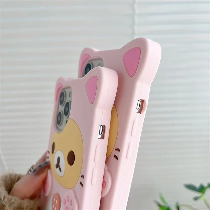 Cute Rilakkuma Bear Kitty Cat Paw Silicone Phone Case For iPhone 17 16 15 Pro Max 14 13 12 11 X Xs XR 7 8 Plus 6s 5s SE Cover