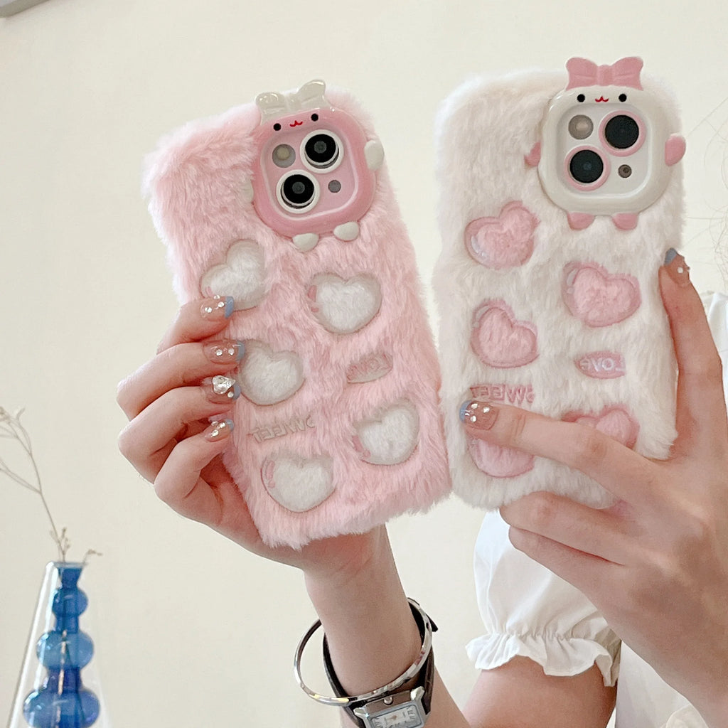 Korean Cute Love Heart Plush Warm Fluffy Phone Case For iPhone 15 14 Pro Max Case 13 12 11 Furry Soft Silicone Back Cover Coque