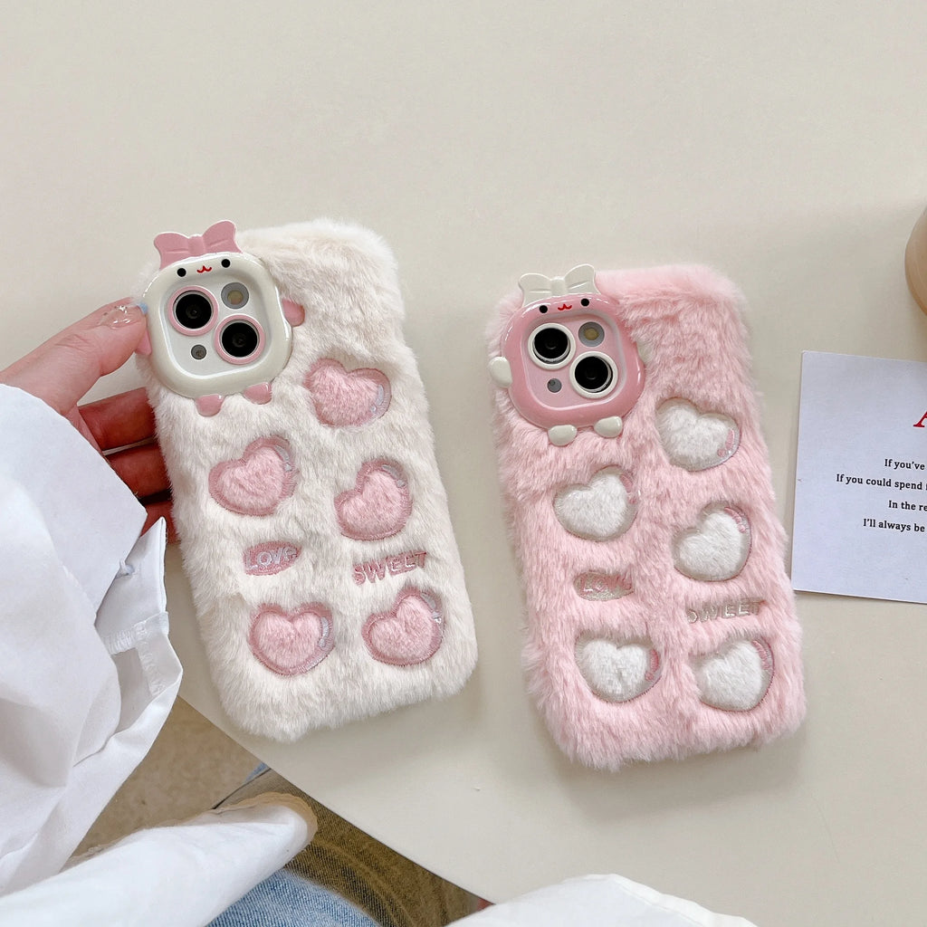 Korean Cute Love Heart Plush Warm Fluffy Phone Case For iPhone 15 14 Pro Max Case 13 12 11 Furry Soft Silicone Back Cover Coque